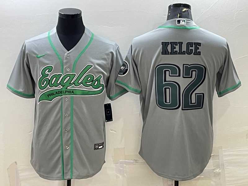 Mens Philadelphia Eagles #62 Jason Kelce Grey With Patch Cool Base Stitched Baseball Jersey
